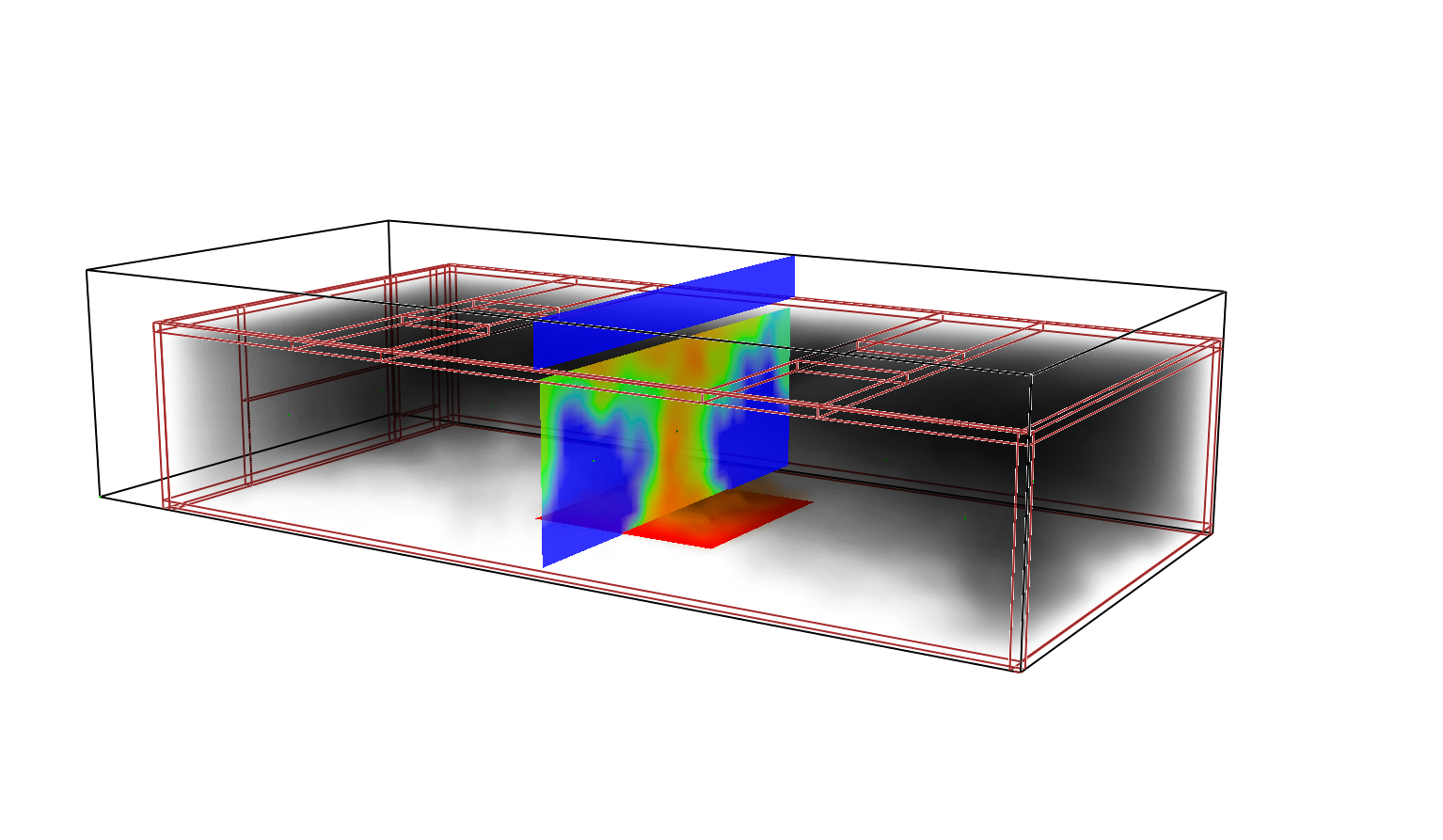 FDS-Simulation: 3D-Strömungsvisualisierung mit Temperaturverteilung, gerendert auf dediziertem AMD-EPYC-Knoten.